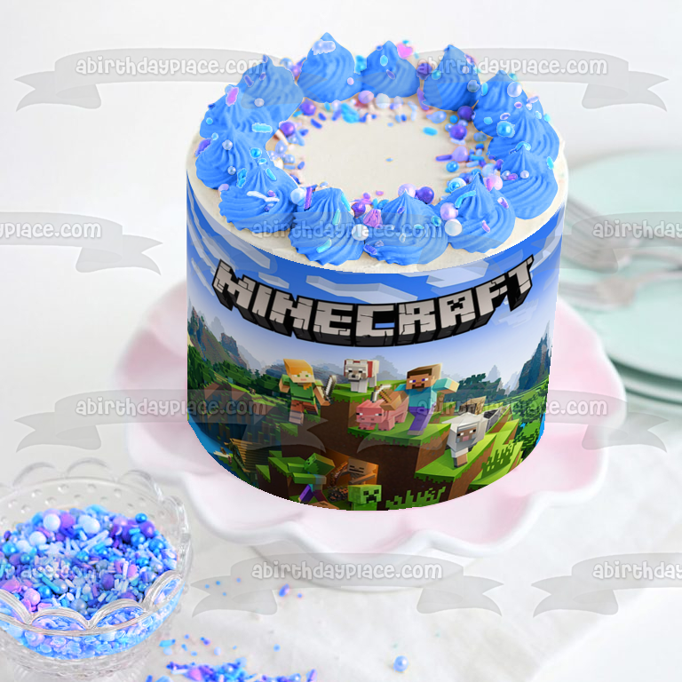 Minecraft Steve Creepers Pig Dog Mountains Edible Cake Topper Image ABPID51089