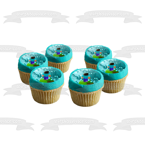 Minecraft Blue Diamonds Blocks Steve Edible Cake Topper Image ABPID51123