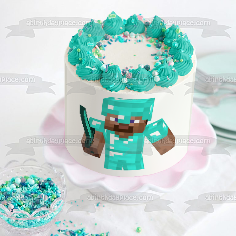 Minecraft Diamond Steve and Blue Diamond Sword Edible Cake Topper Image ABPID51172
