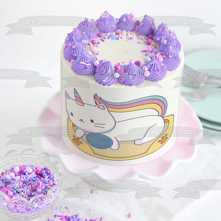 Caticorn Rainbow Unicorn Cat Playing with String Edible Cake Topper Image ABPID51358