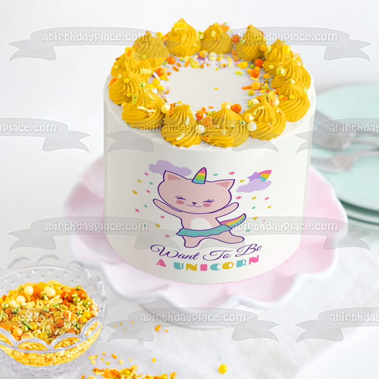 Caticorn Cat Want to Be a Unicorn Rainbow Edible Cake Topper Image ABPID51359