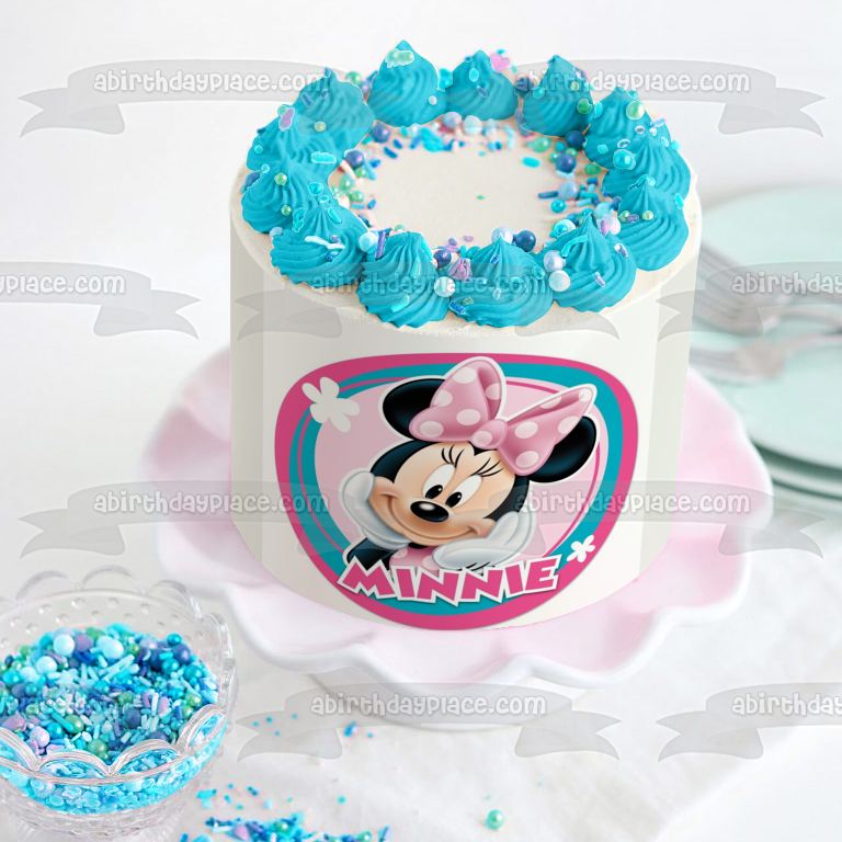 Minnie Mouse Round Pink and Teal Edible Cake Topper Image ABPID51457