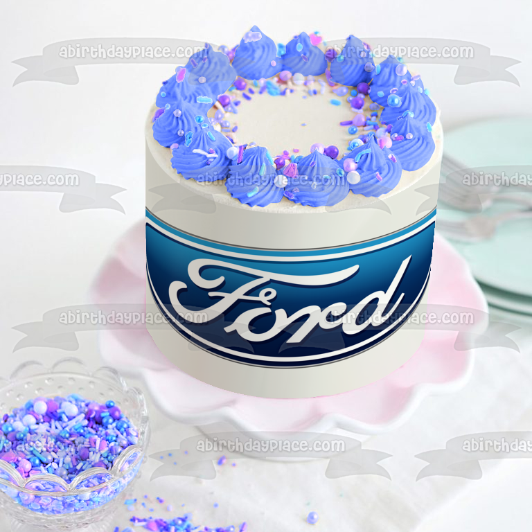 Imagen de decoración comestible ovalada para tarta con el logotipo de Ford Car Company, color azul y blanco, ABPID52190