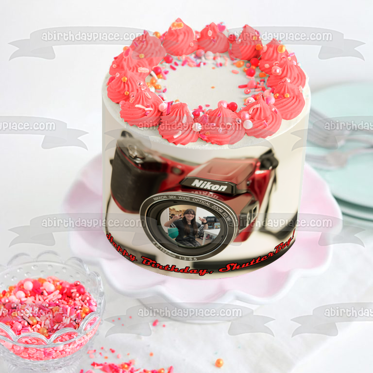 Marco de fotos de cámara Nikon rojo, marco de imagen comestible personalizado para decoración de tartas ABPID52222