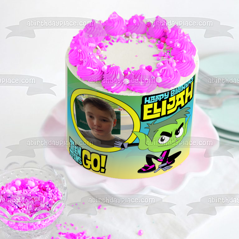 Teen Titans Go Happy Birthday Beast Boy Personalized Name and Picture Edible Cake Topper Image ABPID52232