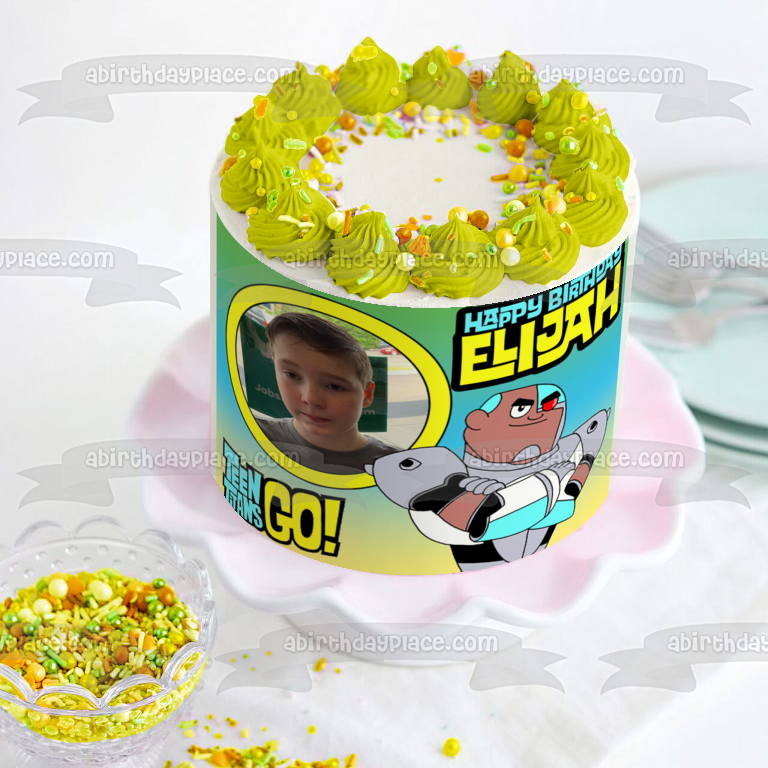 ¡Los jóvenes titanes van! Cyborg Añade tu propio marco de fotos ¡Booyah personalizable! Victor Stone DC Comic Books - Marco de imagen comestible para decoración de tartas con dibujos animados ABPID52237