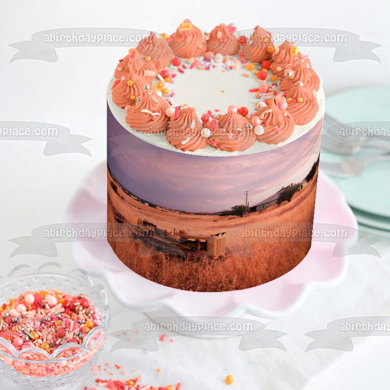 Tractor and Farm House In a Hay Field Edible Cake Topper Image ABPID52517