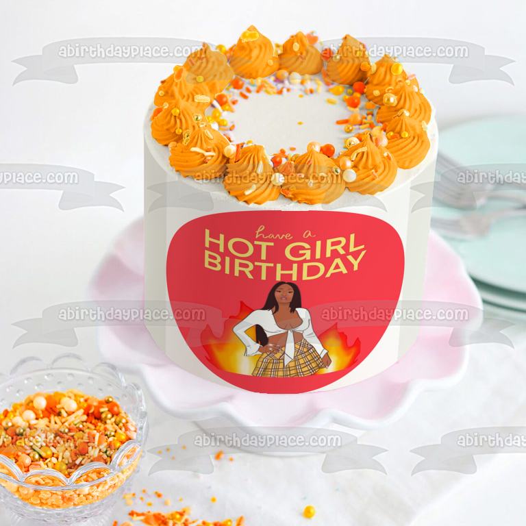 Have a Hot Girl Birthday Pink Round Fire Edible Cake Topper Image ABPID52307