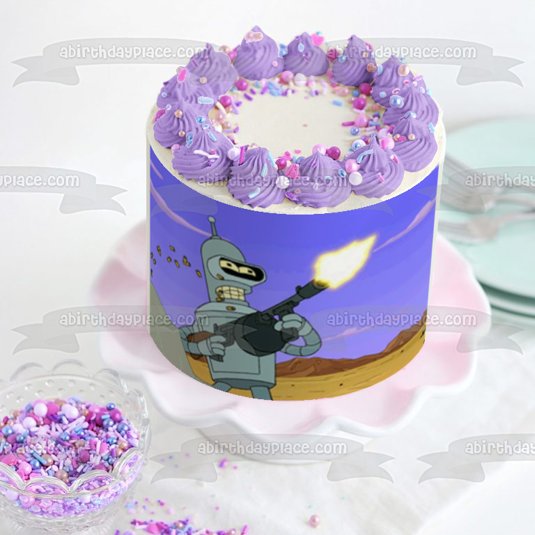 Futurama Animation Adult Swim Comedy Central Bender Disparando Tommy Gun Edible Cake Topper Imagen ABPID52641