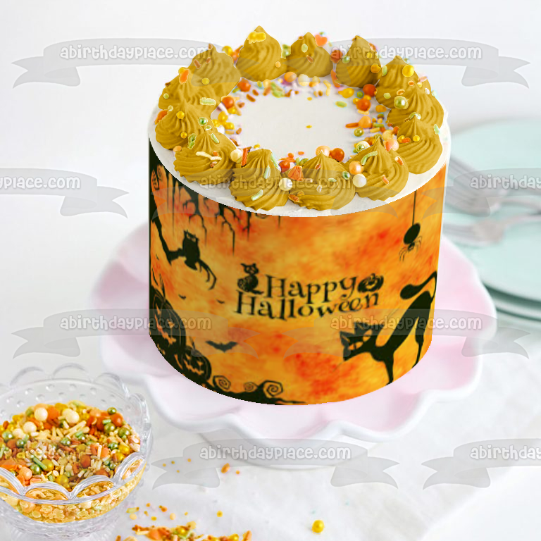 Happy Halloween Scary Cat Spider Owl Jack-O-Lanterns Edible Cake Topper Image ABPID52674