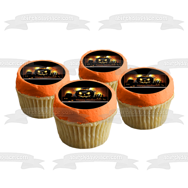 Happy Halloween Scary Jack-O-Lanterns Graveyard Scene Background Edible Cake Topper Image ABPID52678