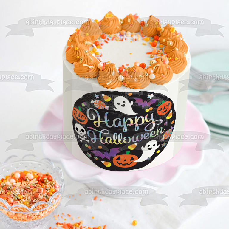Happy Halloween Ghosts Bats Candy Corn Jack-O-Lanterns Edible Cake Topper Image ABPID52679