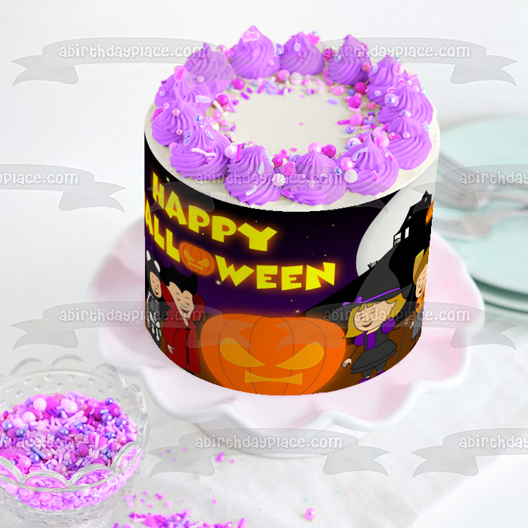 Trick or Treaters Happy Halloween Scary Jack-O-Lantern Edible Cake Topper Image ABPID52680