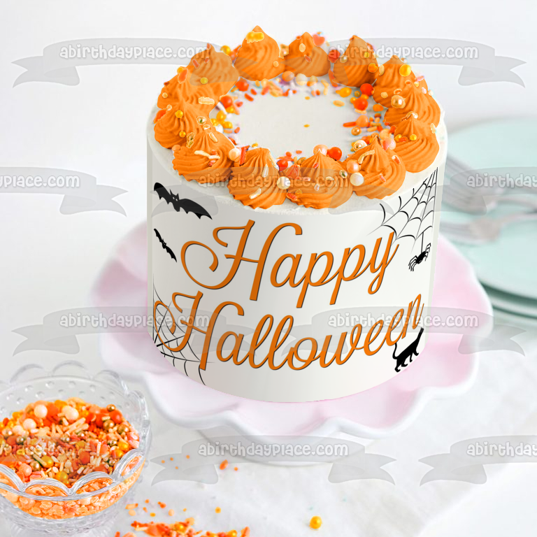 Happy Halloween Bats Cat Spider Spiderweb Edible Cake Topper Image ABPID52684