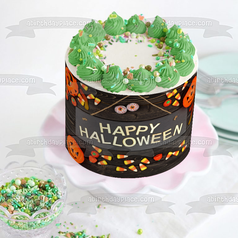 Happy Halloween Jack-O-Lanterns Candy Corn Edible Cake Topper Image ABPID52689
