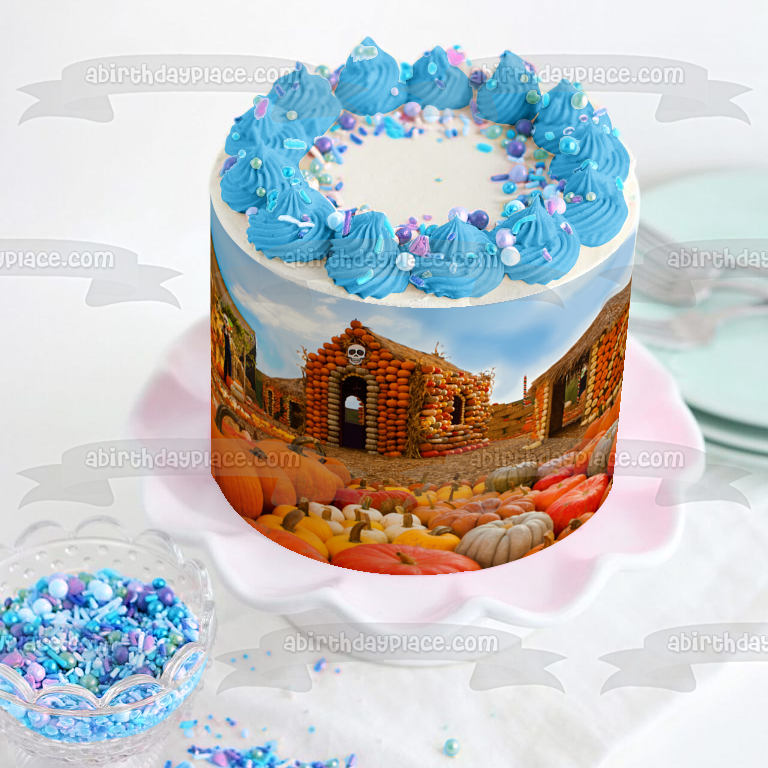 Happy Halloween Pumpkin Houses Edible Cake Topper Image ABPID52692