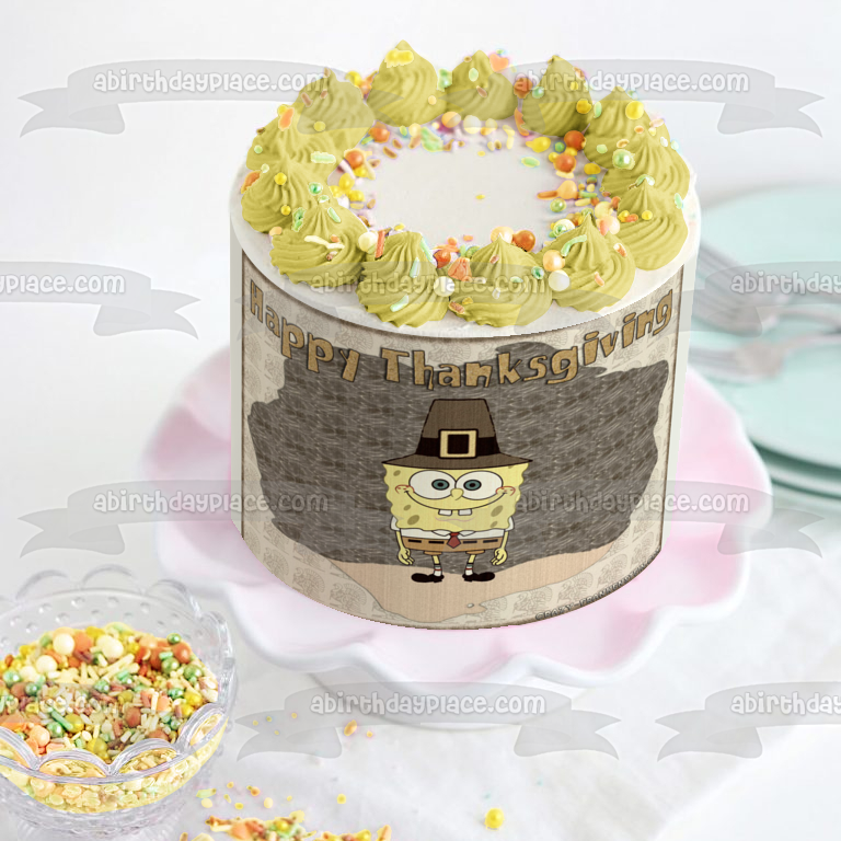 Bob Esponja Pantalones Cuadrados Feliz Día de Acción de Gracias Disfraz de Peregrino de Bob Esponja Adorno comestible para tarta Imagen ABPID52726