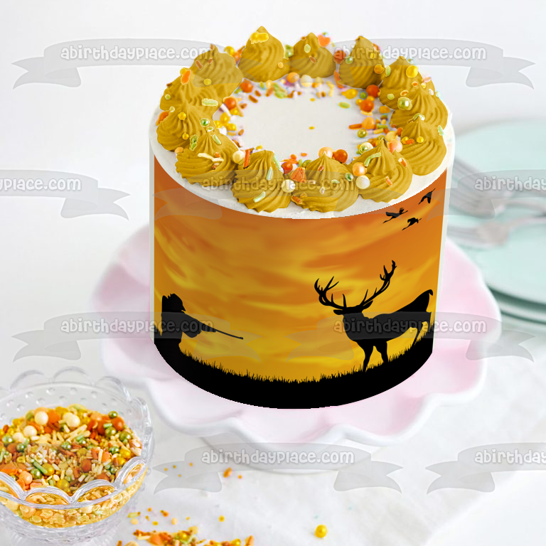 Outdoorsman Hunter Deer Duck Nature Wildlife Silhouette Gun Edible Cake Topper Image ABPID52982