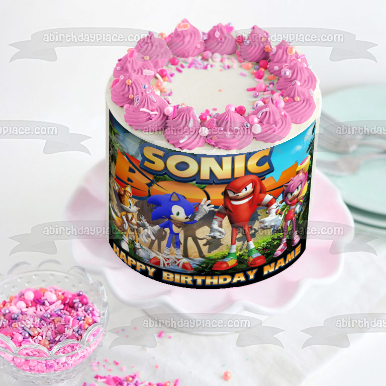 Sonic Boom Sonic the Hedgehog Knuckles Tails Amy Rose Feliz cumpleaños Nombre personalizado Edible Cake Topper Imagen ABPID52995