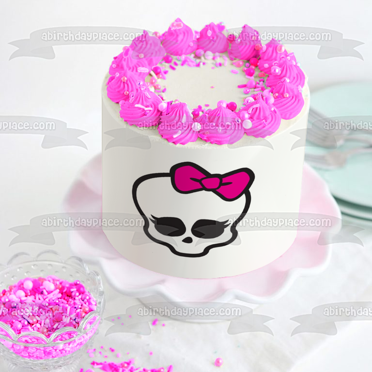 Monster High Skull Pink Bow Pretty Edible Cake Topper Image ABPID52761