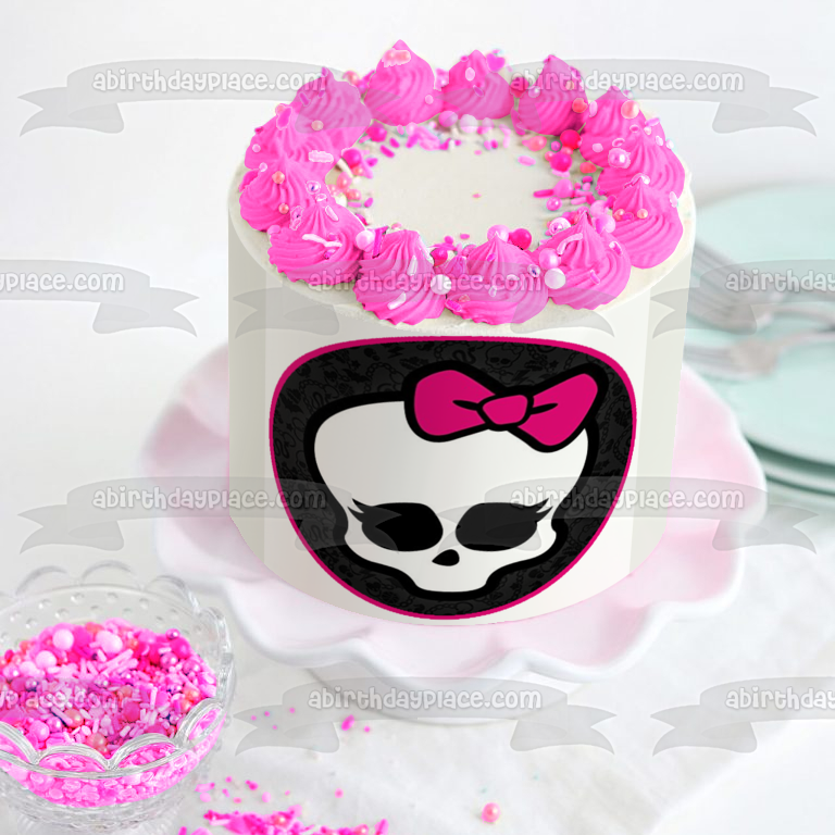 Monster High Skullette Pretty Pink Bow Skull Skeleton Background Pink Border Edible Cake Topper Image ABPID52762