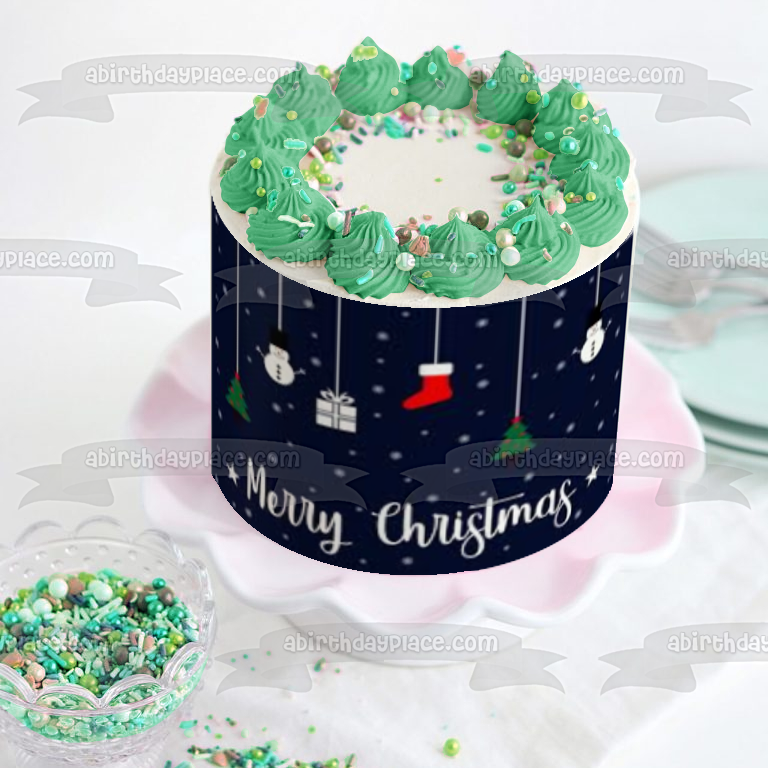 Merry Christmas Snowmen Christmas Trees Present Christmas Stocking Edible Cake Topper Image ABPID53030