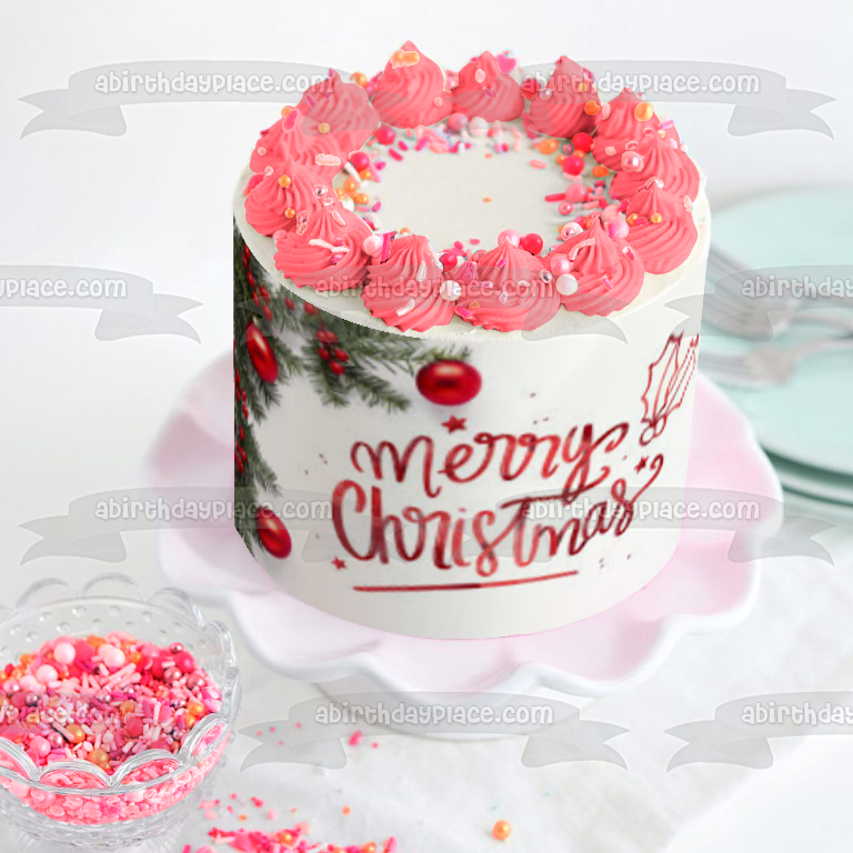 Feliz Navidad Muérdago Rojo Bombillas de Navidad Adorno comestible para tarta Imagen ABPID53034