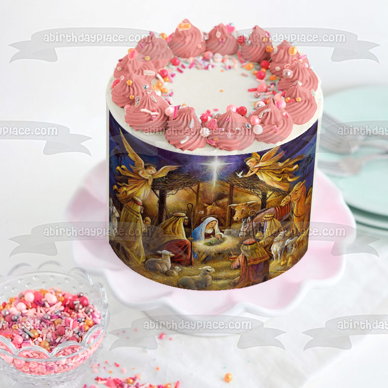 Nativity Scene Merry Christmas Happy Birthday Jesus Edible Cake Topper Image ABPID53105