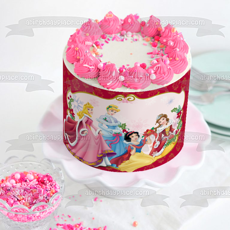 Disney Princess Merry Christmas Aurora Cinderella Snow White Belle Christmas Decorations Edible Cake Topper Image ABPID53110