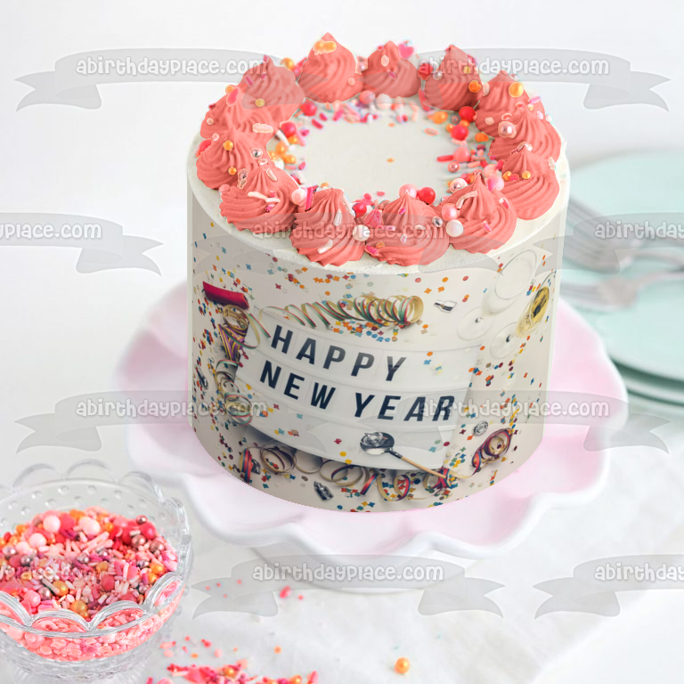 Feliz año nuevo champán confeti adorno comestible para tarta imagen ABPID53151