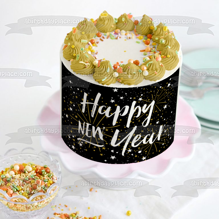Feliz Año Nuevo Estrellas plateadas y doradas Adorno comestible para tarta Imagen ABPID53178