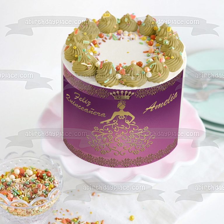 Customizable Quinceanera Gold and Purple Crown Dress Happy Birthday Edible Cake Topper Image ABPID53213