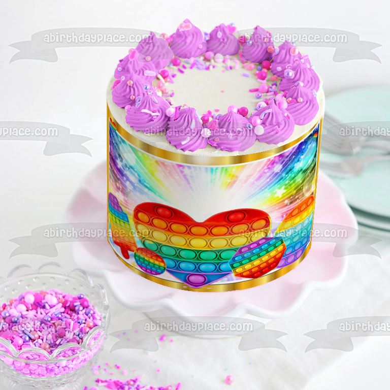 Pop It Corazones de arcoíris y otras formas comestibles para decoración de tartas Imagen ABPID56450