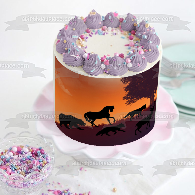 Wildlife Animals Climbing a Hill Sunset Deer Wolf Fox Horse Bear Nature Silhouette Edible Cake Topper Image ABPID53376