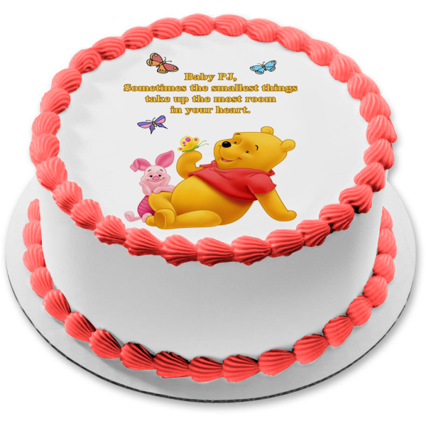 Disney Winnie the Pooh Baby Shower Personalized Name Piglet Butterflies "Smallest Things Take Up the Most Room In Your Heart" Edible Cake Topper Image ABPID53377