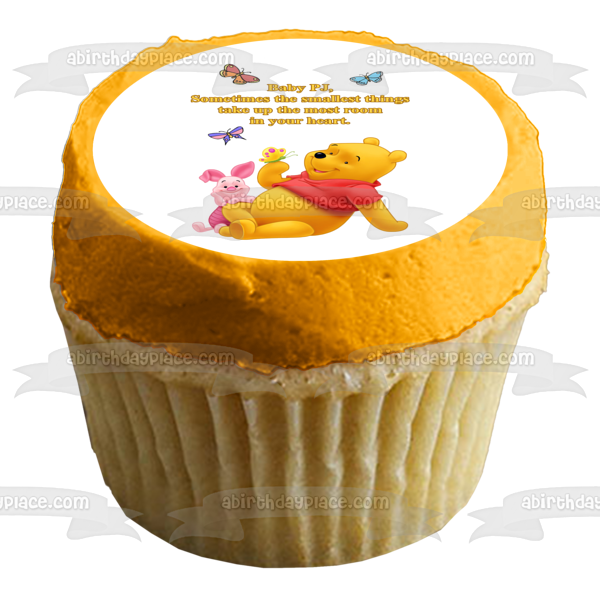 Disney Winnie the Pooh Baby Shower Personalized Name Piglet Butterflies "Smallest Things Take Up the Most Room In Your Heart" Edible Cake Topper Image ABPID53377
