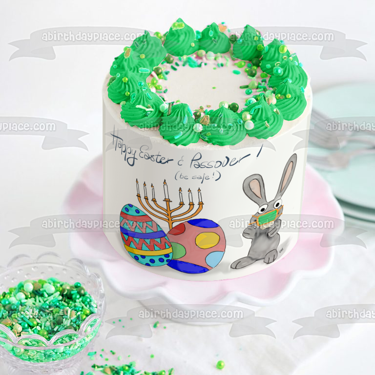 Happy Easter and Passover Menorah Easter Bunny Wearing a Face Mask Easter Eggs Edible Cake Topper Image ABPID53752