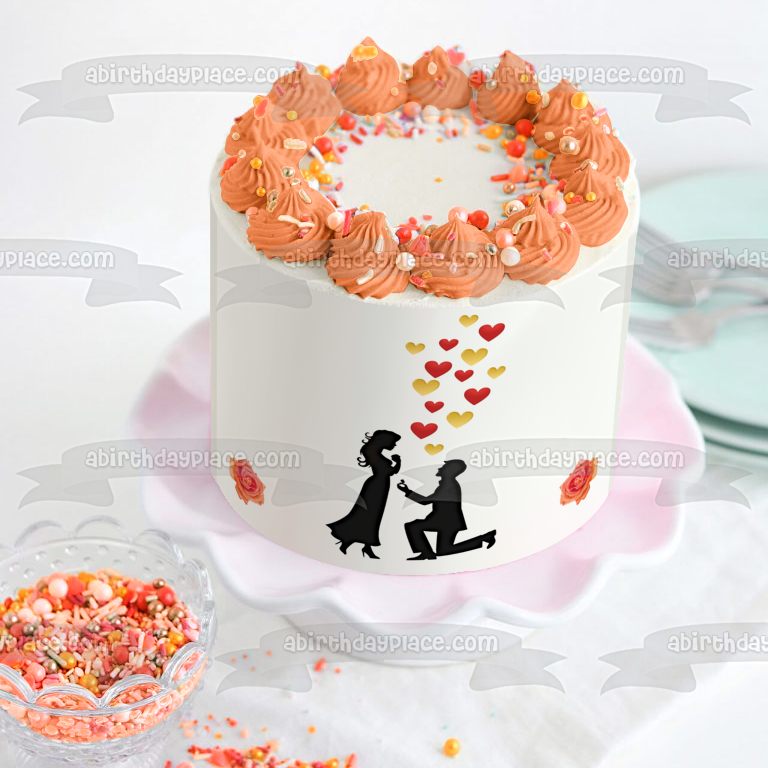 Propuesta de compromiso Pareja Silueta Rosas Corazones San Valentín Amor Romance Boda Adorno comestible para tarta Imagen ABPID53484
