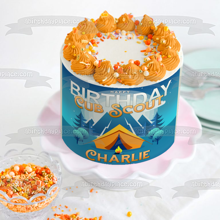 Happy Birthday Cub Scout Customizable Tent Camping Outdoors Edible Cake Topper Image ABPID53498