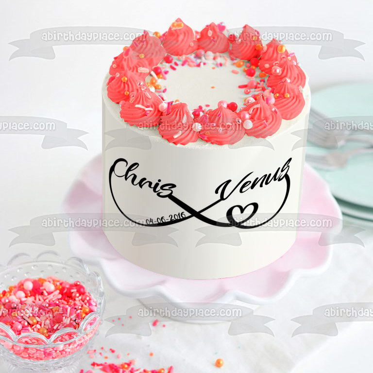 Símbolo del infinito, nombres y fecha, corazón, San Valentín, aniversario, decoración comestible personalizable para tarta, imagen ABPID53787