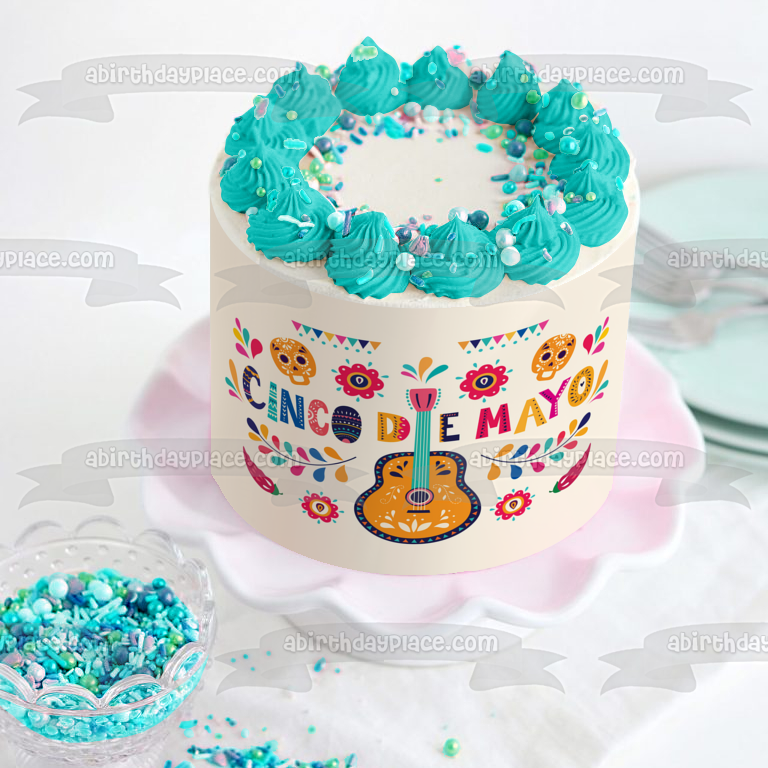 Decoración comestible para tarta con guitarra, calaveras de azúcar del Cinco de Mayo, imagen ABPID53790
