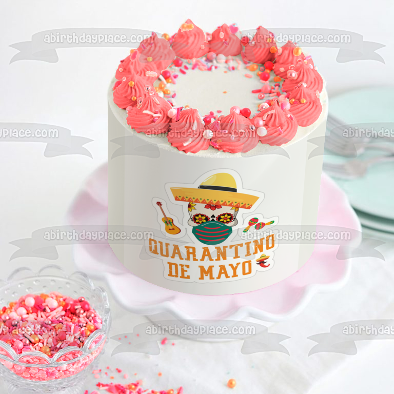 Quarantino De Mayo Sugar Skull Wearing a Face Mask Guitar Maracas Edible Cake Topper Image ABPID53791