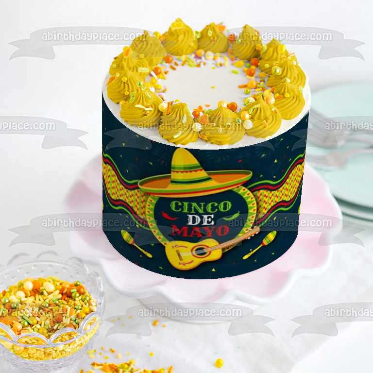 Cinco De Mayo Guitar Maracas Sombrero Edible Cake Topper Image ABPID53795