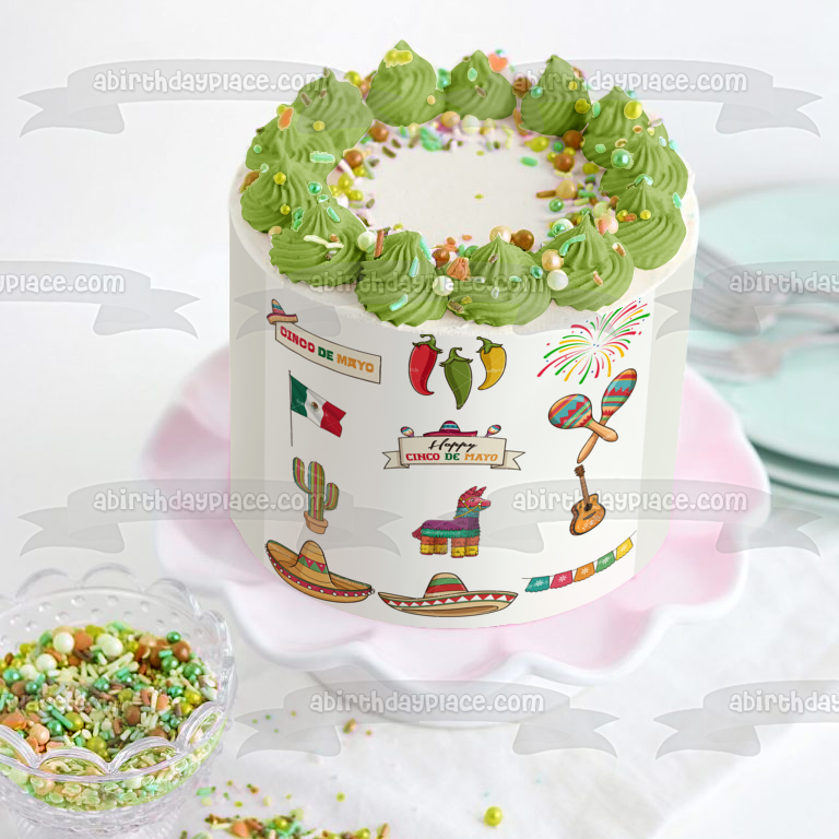 Cinco De Mayo Chili Peppers Sombreros Maracas Fireworks Edible Cake Topper Imagen ABPID53802