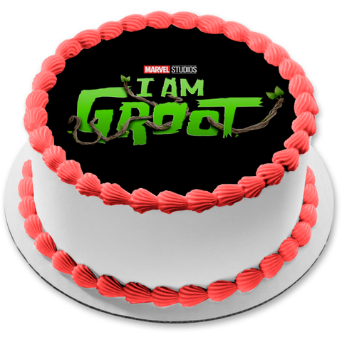 "I Am Groot" text on round cake, green letters and brown vines Marvel Studios logo