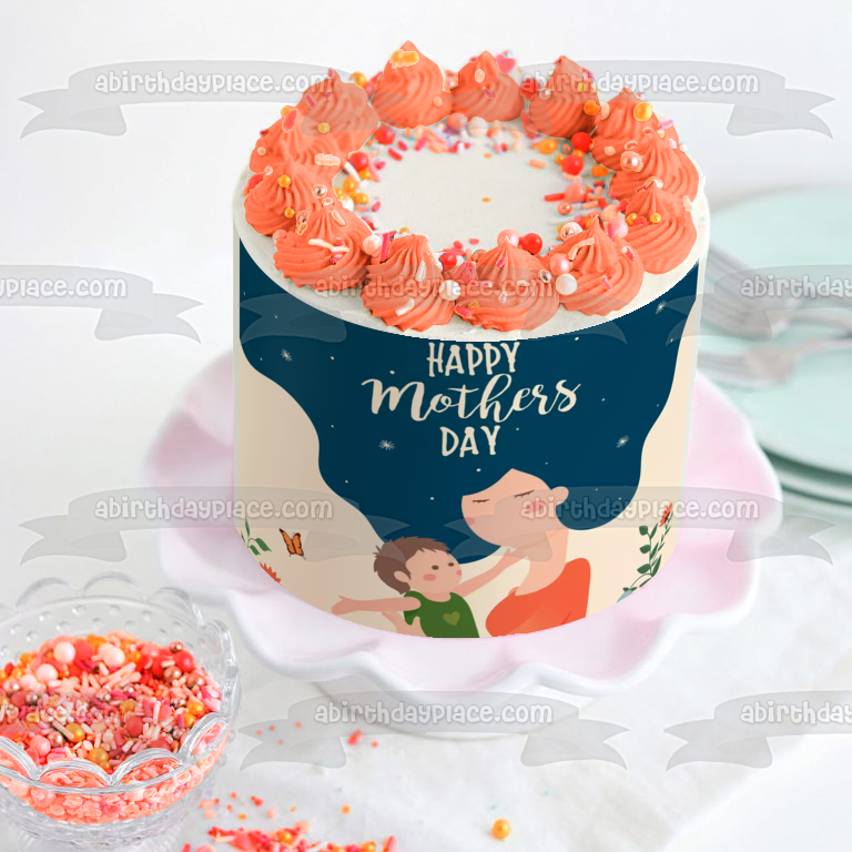 Happy Mother's Day Mother and Baby Flowers Butterflies Edible Cake Topper Image ABPID53820