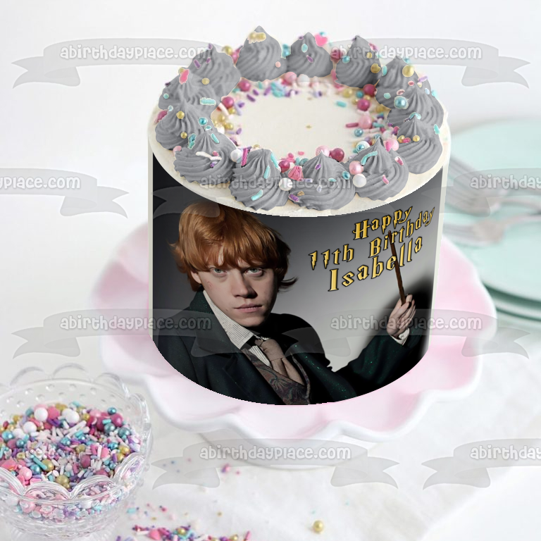 Harry Potter Ron Weasley Hogwarts Magic Wand Happy Birthday Personalized Name Edible Cake Topper Image ABPID53592