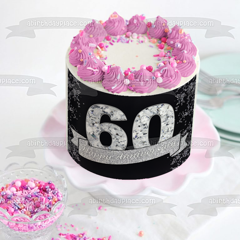 Happy 60th Anniversary Diamonds Silver Banner Edible Cake Topper Image ABPID53628