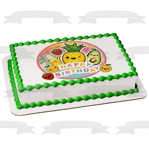 Happy Fruits Happy Birthday Pineapple Banana Strawberry and an Orange Edible Cake Topper Image ABPID56507