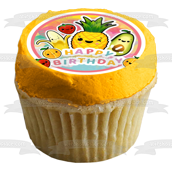 Happy Fruits Happy Birthday Pineapple Banana Strawberry and an Orange Edible Cake Topper Image ABPID56507